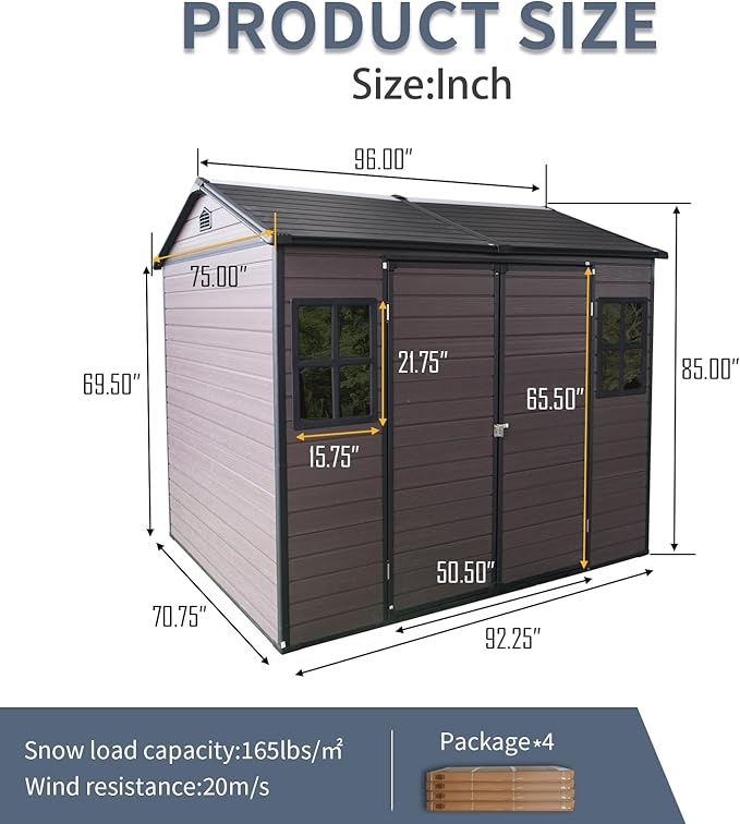 Outdoor Storage Shed with Two-Window and Double-Door, Resin Storage Shed with Lockable Door, Plastic Shed with Floor for Gargen, Patio, Yard, Lawn (Brown, 8 x 6 FT)