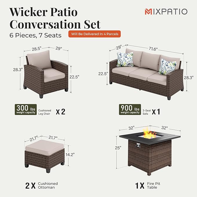 Patio Furniture Set, 6 Pcs Wicker Rattan Outdoor Conversation Set, 2 x Leg Chairs, 1 x 3 Seater Sofa and 2 x Ottoman with 4" Thick Cushion and 32" Fire Pit Table, Beige