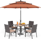 PHI VILLA 5 Pieces Outdoor Dining Set with Umbrella for 4, 37" Square Metal Polywood Table & Cushioned Wicker Rattan Chairs & 10ft Navy Blue Umbrella Furniture for Patio, Deck, Yard, Porch