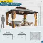MELLCOM 12'x14' Hardtop Gazebo, Metal Double Roof Aluminum Gazebos with Curtain and Netting,Brown Permanent Galvanized Steel Pavilion for Patio, Lawn & Deck