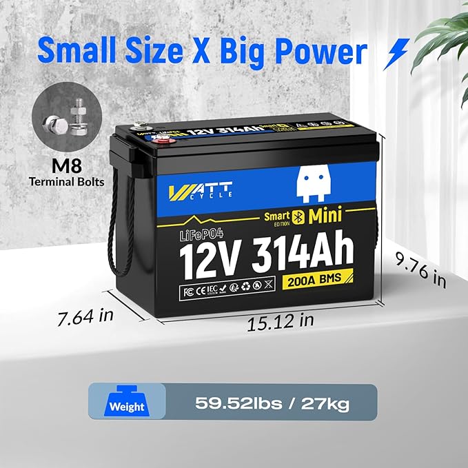 WattCycle 12V 314Ah (300Ah Equivalent) Mini LiFePO4 Lithium Battery - Bluetooth 5.0, 200A BMS, 4.01kWh Energy, Aluminum Cooling Fins & Braided Copper Wires for RV, Marine, Solar Home Storage (3 Packs)