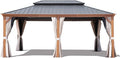 12' X 18' Double-Tier Hardtop Gazebo, Thermal Transfer Faux Wood Metal Gazebo with Galvanized Steel Roof Curtain and Netting, Permanent Gazebo Pavilion for Patio, Backyard, Deck, Lawn