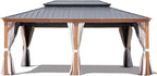 12' X 18' Double-Tier Hardtop Gazebo, Thermal Transfer Faux Wood Metal Gazebo with Galvanized Steel Roof Curtain and Netting, Permanent Gazebo Pavilion for Patio, Backyard, Deck, Lawn