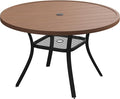 VICLLAX Patio Round Dining Table, 47"x 47" Outdoor Metal Slatted Round Tabletop with Adjustable Umbrella Hole for Lawn Garden Yard, Walnut