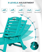 Outdoor Chaise Lounge Chair Set of 2, Patio Lounge Chairs for Outside, HDPE Lounge Chair with Wheels & Cup Holder, Poly Chair with 5 Position for Poolside, Deck, Lake Blue