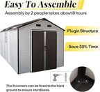 8x14ft Resin Outdoor Storage Shed with Floor and 2 Windows, Plastic Sheds & Outdoor Storage Clearance for Patio Furniture, GardenTools, Bike Accessories and Lawn Mower, Brown+White