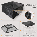 Flamaker Outdoor Fire Pit 32 Inch Patio Square Metal Firepit with Cover Poker & Grate Wood Burning Fireplace Backyard Stove for Outside Heating Camping