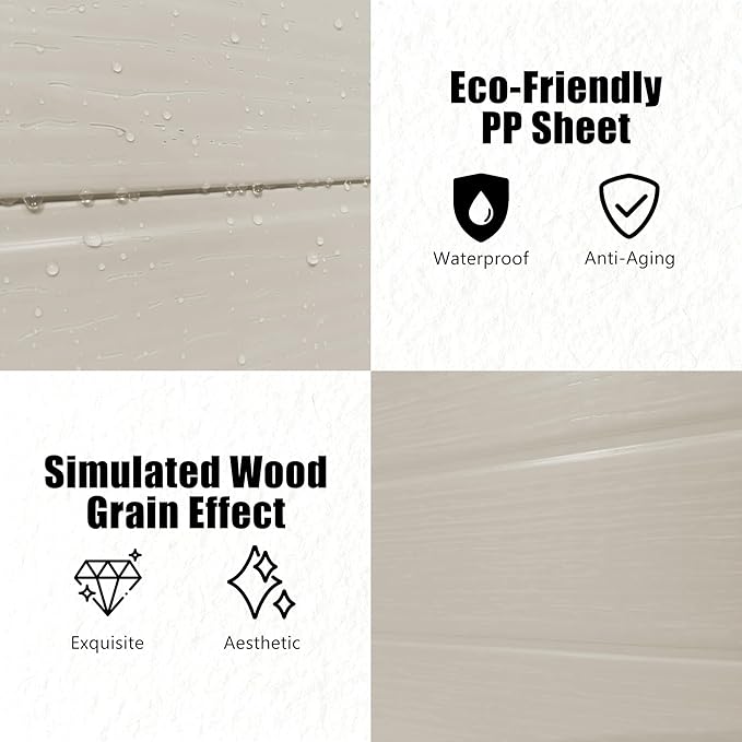Outdoor Shed 5x3/6x4/7x7/8x6/8x10/8x12 FT, 15MM Thick PP Resin Plastic Shed with Lockable Door & Floor - Waterproof Plastic Tool Shed for Bike, Garbage Can, Backyard, Patio ﻿ ﻿ (Light Brown, 7x7FT)