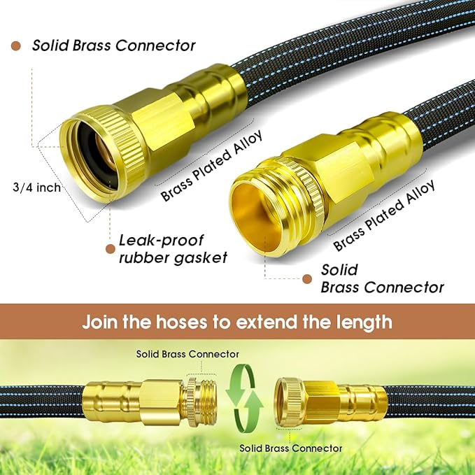 10FT Lightweight Flexible Hose,Solid Brass Head Garden Hose for Boat,RV, Marine Washdown, Lawn,Garden,Camp,outdoor,Superior high pressure TPE water Hose(Solid Brass&BlueBlack, 10 FT)
