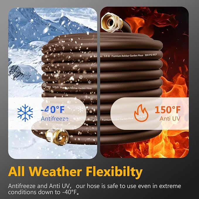 Garden Hose 75FT x 5/8", Heavy Duty Rubber Hose, Water Hose with Five Layered Braiding, Male to Female Fittings, 1000PSI Burst, 300PSI Working (Brown)