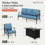 Patio Furniture Set, 4 Pcs Metal Outdoor Conversation Set, 2 Single Chairs and 3 Seater Sofa with 5.75" Extra Thick Cushion and Gas Fire Pit Table for Backyard Deck, Navy Blue