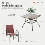 5 Pieces Patio Table and Chairs Set, 4 Person Outdoor Dining Furniture Set, 4 Red Textilene Chairs and 37" Wood-Like Table Top Table with Umbrella Hole, for Deck Backyard Lawn