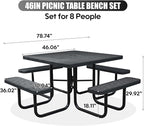 8-Person Outdoor Picnic Tables,46" Heavy-Duty Metal Square Picnic Table,Expanded Metal Commercial-Grade Table with 4 Benches & Umbrella Hole,Waterproof Coating Beach Table for Patio,Garden, Backyard