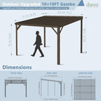 Domi 10’x10’ Wall-Mounted Hardtop Gazebo Pergola – Permanent Lean-to Outdoor Shelter with Sloped Galvanized Steel Roof & Upgraded Drainage – Grey Metal Patio Cover for Backyard, Deck, Garden, Brown