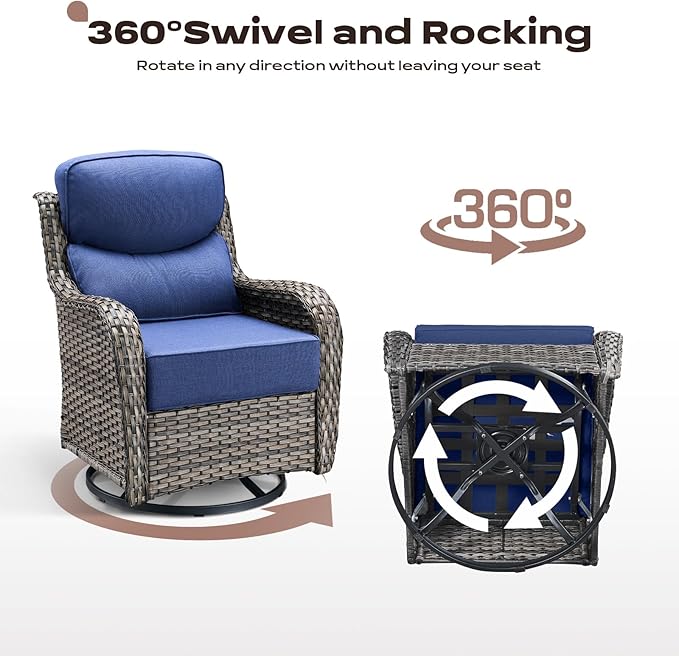 Rilyson 4 Piece Outdoor Patio Swivel Rocker Chairs, Waterproof Wicker, High Back, Deep Seating, Wide Armrest, Upgraded 6 inch Thick Cushions, Ideal for Deck Porch Backyard, Mixed Grey/Blue