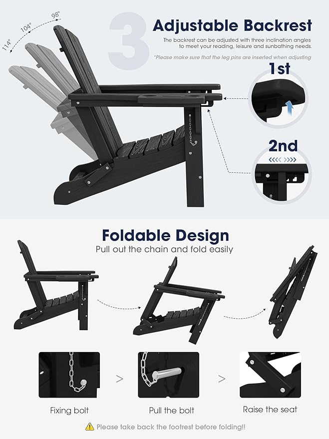 KINGYES Adjustable Folding Adirondack Chair with Footrest & 4-in-1 Multi-Functional Armrest Organizer, HDPE Foldable Reclining Adirondack Chair with Pull-Out Ottoman, Black