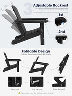 KINGYES Adjustable Folding Adirondack Chair with Footrest & 4-in-1 Multi-Functional Armrest Organizer, HDPE Foldable Reclining Adirondack Chair with Pull-Out Ottoman, Black
