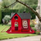 Solar Bird Feeder House for Outdoors – Red Metal Hanging Bird Feeder with Solar Light, Decorative Bird House Feeder for Cardinals, Finches, and Wild Birds, Weatherproof Backyard Garden Decor