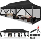COBIZI 10x30 Heavy Duty Pop Up Canopy with 8 Sidewalls, Commercial Gazebo Party Tent with Mosquito Netting Wall Easy Set Up Outdoor Instant Screen Tent for Backyard, Patio, Garden, Black