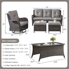 Rilyson 6 Piece Outdoor Patio Furniture Set - Rattan Wicker Patio Conversation Sets with 2 Swivel Rocker Chairs,2 Ottomans,1 Sofa and 1 Coffee Table for Outside Porch Deck Backyard(Brown/Grey)