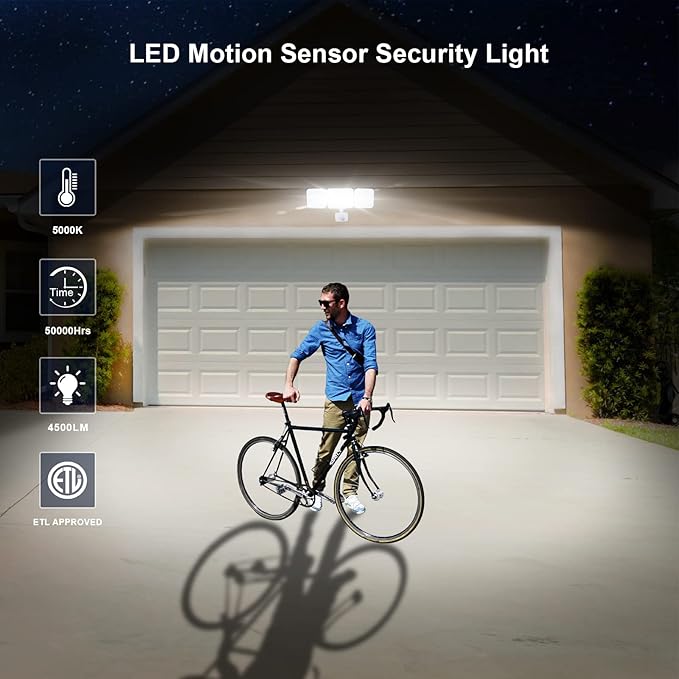 EMANER Motion Sensor Security Lights Outdoor, Dusk to Dawn & Motion Detector Adjust, Exterior Flood Lights 120V, 4500lm, Daylight White Frosted Lens Porch Light Waterproof (2-Pack, White)