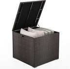 HAPPYGRILL Outdoor Storage Deck Box, 72 Gallon Square Wicker Patio Rattan Storage Container with Zippered Liner & Safe Pneumatic Rod, Outdoor Wicker Deck Box for Garden Tools Cushions