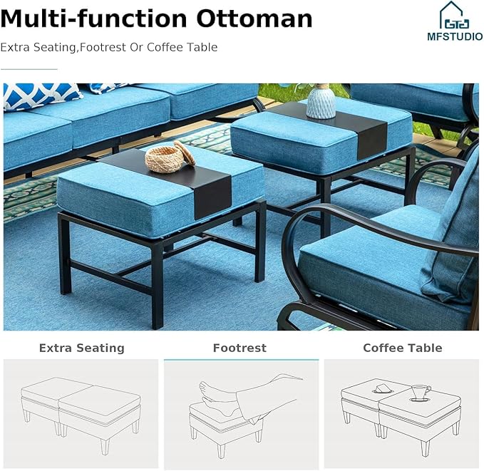 MFSTUDIO 4 Piece Patio Conversation Sets, All Weather Metal Frame Outdoor Furniture Set Patio Sofas with 1 x 45 Rectangular Fire Pit Table, 1 x 3-Seat Sofa, 2 x Rocking Chairs, Navy Cushion
