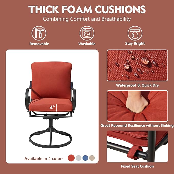 MELLCOM Patio Swivel Chairs Set of 4, Heavy Duty Outdoor Dining Chairs with Thickened Cushions, Metal Patio Chairs Gentle Rocker for Outside, Backyard, Red