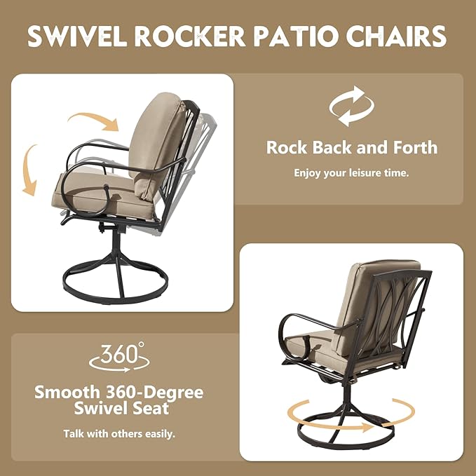 MELLCOM Patio Swivel Chair Set of 4, Heavy Duty Outdoor Dining Chairs with Thickened Cushions, Metal Patio Chairs Gentle Rocker for Outside, Garden Lawn & Porch, Backyard, Khaki