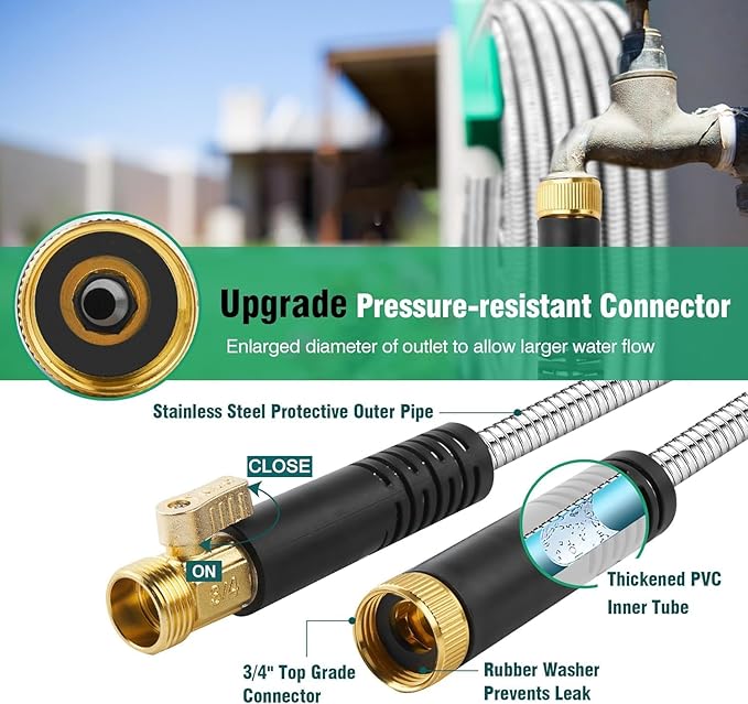 Metal Garden Hose 200Ft Stainless Steel Water Hose Heavy Duty with 10 Way Nozzle-Flexible Lightweight Durable No Kink & Tangle，Strong 3/4’’ Solid Metal Fitting Shut-Off Valve for Outdoor Yard