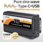 1500W Pure Sine Wave Inverter (3000W Peak), 12V/24V Auto-Detect, 50Hz/60Hz Switchable, LCD Display, Type-C Fast Charging, Silent Design, Overload & Overheat Protection for RV, Home (Black-1500W)