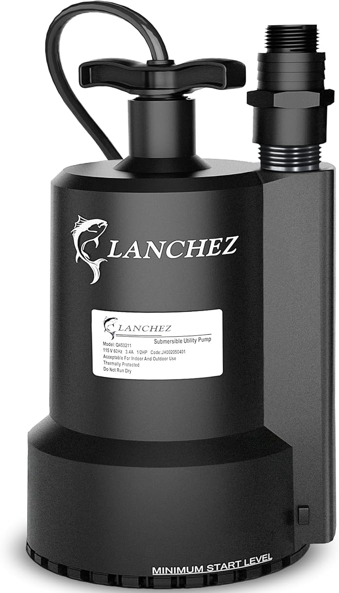 Lanchez Sump Pump, 1/2 HP 2450GPH Submersible Utility Water Pump, Thermoplastic Portable Electric Water Removal Transfer Pump with 10FT Cord for Swimming Pool Basement Garden Pond Tubs Draining