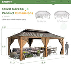 EROMMY 12'x20' Gazebo, Galvanized Steel Double Roof with Wood Grain Aluminum Frame, Outdoor Permanent Metal Pavilion with Curtains and Nettings for Patio, Backyard and Deck