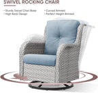 Patio Furniture 4 Piece, All-Weather PE Wicker Outdoor Furniture Set with Coffee Table,Outdoor Patio Furniture with Swivel Rocker Chairs and Outdoor Sofa, White Grey/Blue