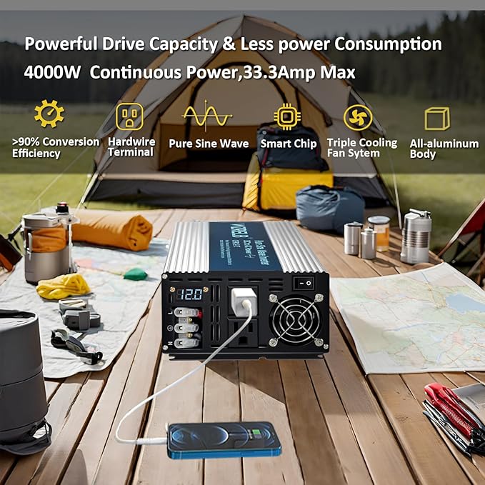 WZRELB 4000W Pure Sine Wave Inverter 12V DC to 110V 120V AC Power Converter with LED Display, Hardwire Terminal,Off-Grid Portable Power Inverter with Dual AC Outlets for Home, RV, Truck, Camping