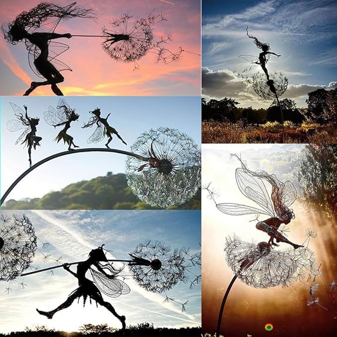 Flower Fairy Dancing with Dandelion Garden Art Sculpture Stainless Steel Statue Christmas Halloween Decoration for Outdoor Yard Courtyard Lawn Patio Metal Ornaments (Long Travel)