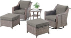 Outdoor Wicker Patio Furniture Set - 5 Piece Outside Rattan Conversation Bistro Dining Chair Sets with Rocking Swivel Chairs, Ottomans and Side Table for Porch Yard Balcony – Brown/Grey