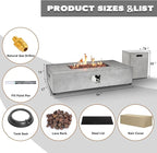 2-Piece 54" Outdoor Propane Fire Pit Table Set W 16" Tank Cover Side Table, 50,000 BTU Rectangle Concrete Fire Pit Coffee Table, Lava Rocks, Rain Cover for Patio, Backyard, Garden, Porch, Deck