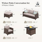 HERA'S HOUSE 8 Pieces Wicker Patio Furniture Set with Fire Pit Table, 4 x Single Chair, 2 x Ottoman, 3-Seat Sofa and 32" Fire Pit Table, Outdoor Rattan Conversation Set for Garden, Poolside, Backyard