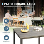 DIFY 40.2" Square Patio Dining Table for 4, Outdoor Metal Dining Table with 1.57" Umbrella Hole for Backyard Lawn Garden, Grey Wood-Like
