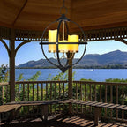 Battery Operated Outdoor Candle Chandelier - Black and Gold Metal Globe Hanging Pendant Light with 3 Flameless Candles, 12.6" Waterproof Lights for Gazebo, Pergola, Garden, Porch & Backyard