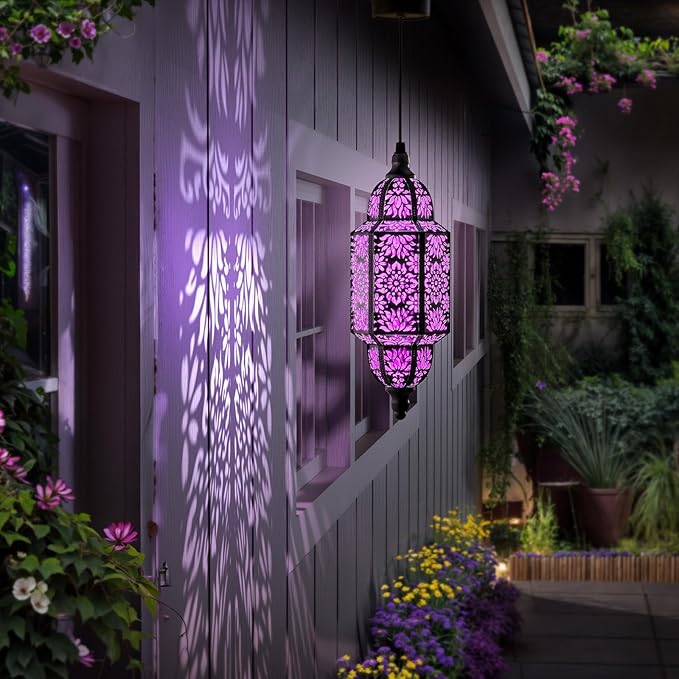 Twinkya 2 Pack Hanging Solar Lights Outdoor Garden Decorative Solar Lantern Waterproof Metal Moroccan Outdoor Decorations for Patio Pathway Yard Porch Backyard Garden Decor (Purple, 2 Pack)
