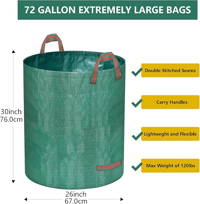 Reusable Yard Waste Bags, 72 Gallon Lawn and Leaf Bags 4 Pack with Reinforced Handles and Gardening Gloves, Heavy Duty Standable Garden Waste Bags for Leaves, Grass, Camping, Recycling