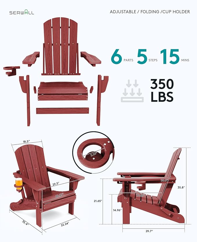 SERWALL Folding Adirondack Chair Set of 2, Adjustable Adirondack Chair with 3 Recline Positions, All Weather HDPE Outdoor Adirondack with Cup Holders, Red