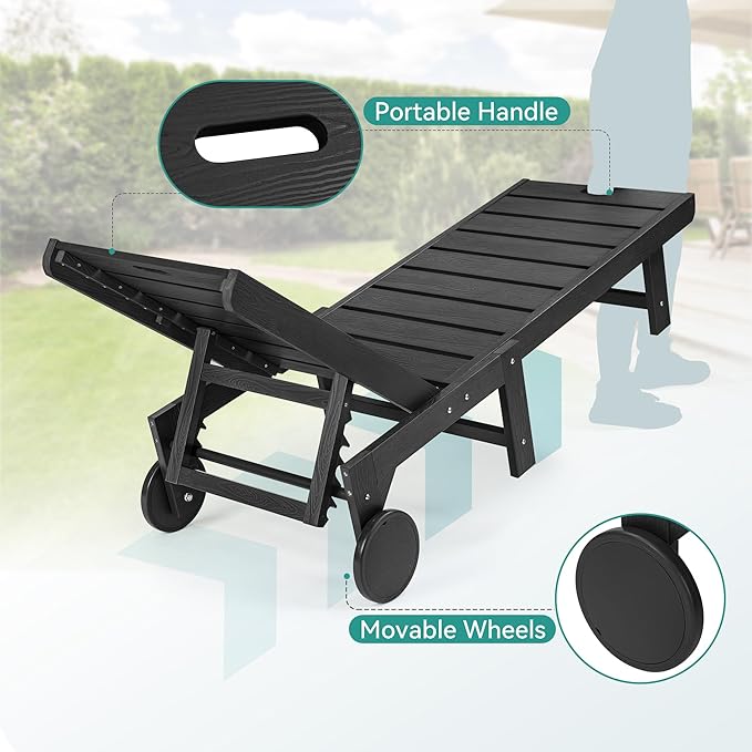 Outdoor Chaise Lounge Chairs Set of 2, 2-Piece, 26.8” Super Wide Lounge Chair Outdoor, HDPS Pool Chairs with 5 Positions, Patio Lounge Chair with Wheels for Pool,Lawn,Backyard, Black