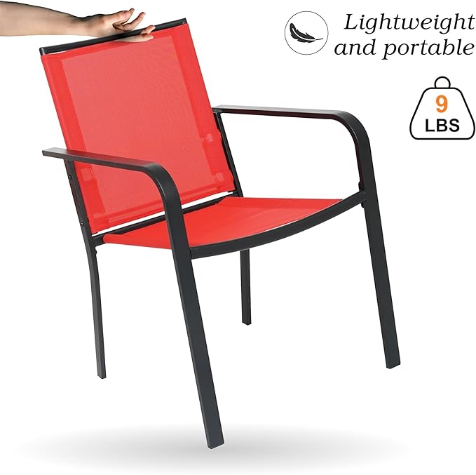 5-Piece Outdoor Patio Dining Set, 40-Inch Round Glass Table with 4 Stackable Chairs, Cherry