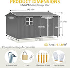 12x10 FT Shed Outdoor Storage Metal Large Garden Tool Sheds with Window Lockable Doors Sloping Roof Floor Frame Waterproof Steel Utility Equipment Shed for Backyard Patio Lawn Poolside, Grey