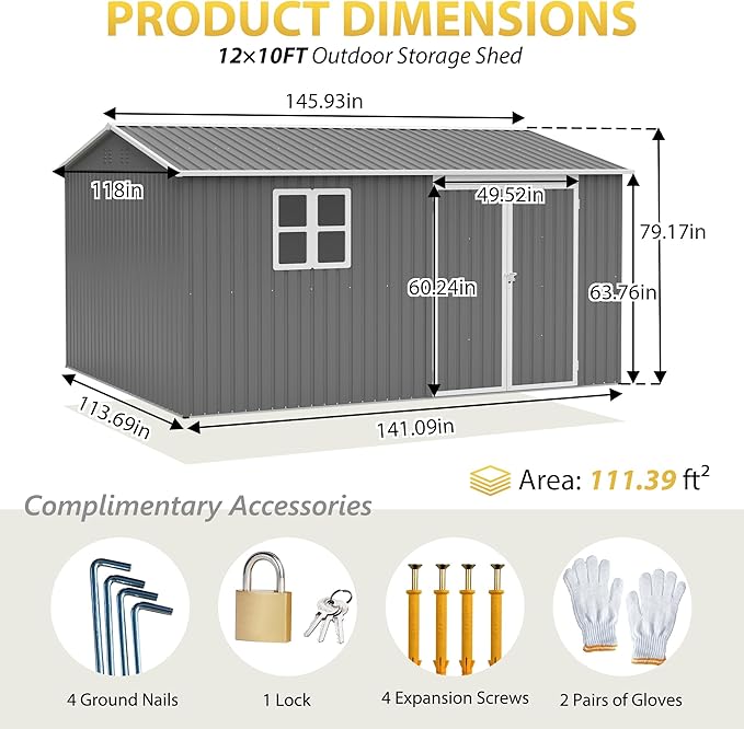 12x10 FT Outdoor Metal Storage Shed, Large Garden Tool Sheds with Lockable Doors, Waterproof Steel Utility Storage Building, Heavy Duty Equipment Shed for Backyard Patio Lawn Garden, Grey