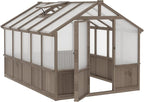 8x10 FT Greenhouse Kit with 6MM Thick Polycarbonate Panel for Outdoor, Wooden Walk-in Green House with Adjustable Roof Vent and Lockable Door, Backyard, Garden, Light Mocha Brown