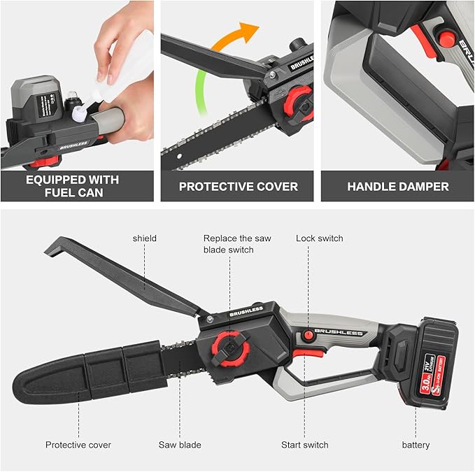 8 Inch Mini Chainsaw, 1150W 5000RPM Brushless Handheld Electric Chain Saw with Chain Guide Plate 2x3.0A Batteries And Other 6 Accessories